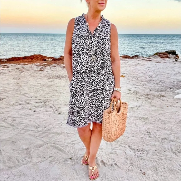 NWT Tommy Bahama Leopard Print Ruffle Linen Shift Dress - Small